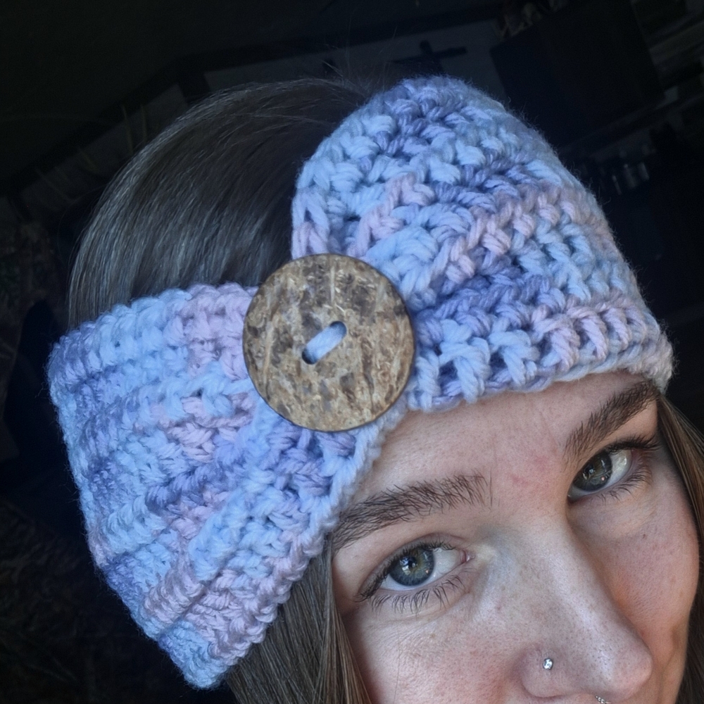 Handmade Crochet Headband with Wooden Button - Purple/Blue/Pink Hues